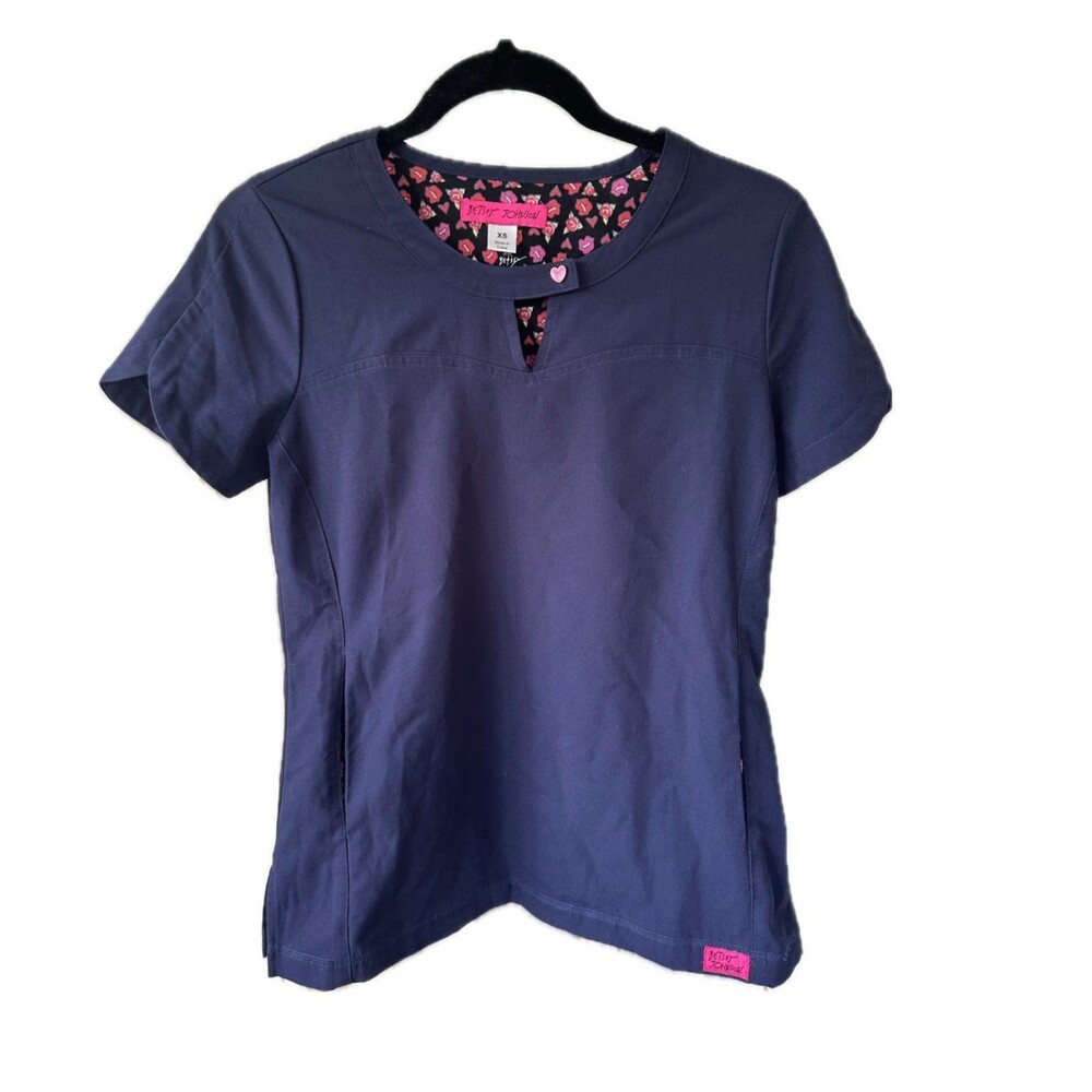 Betsey Johnson Womens Navy Scrub Single Scallop Sleeve Signature Hardware Top XS